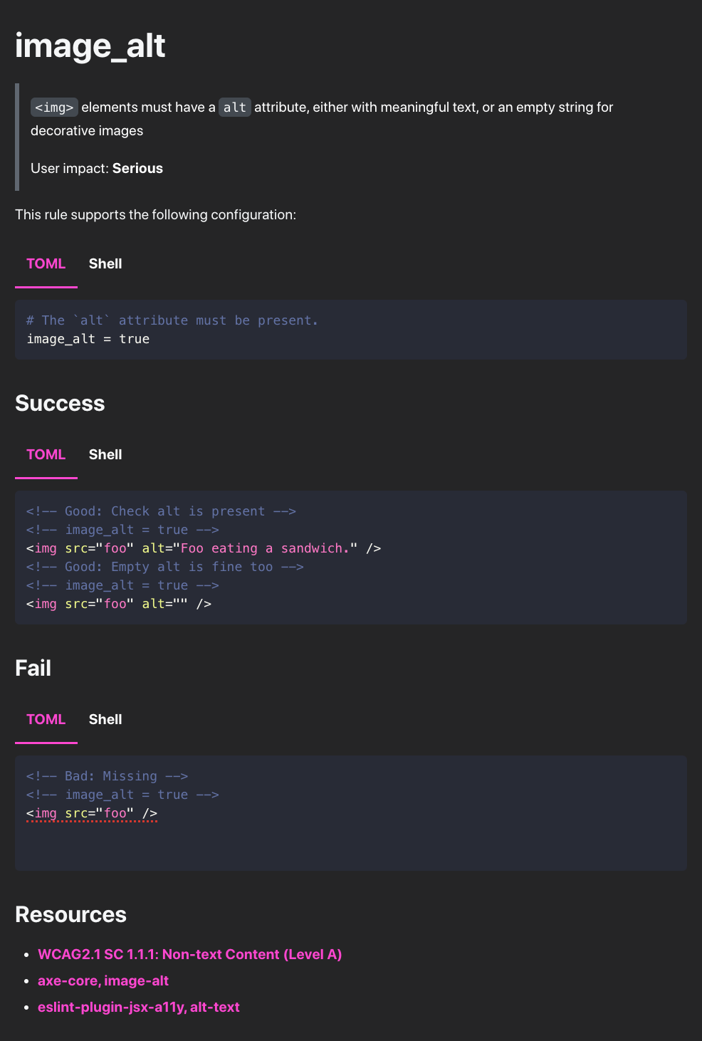Screen capture of the image_alt rule’s documentation